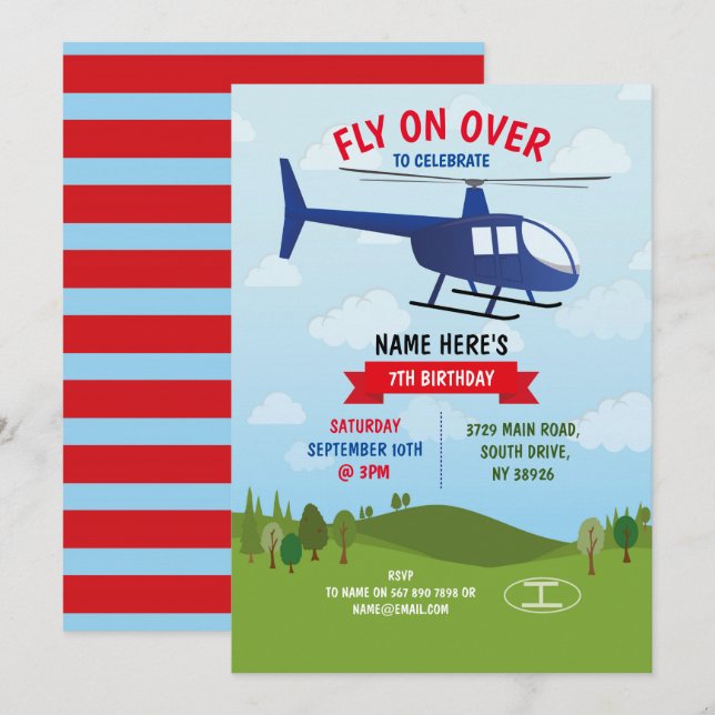 Helicopter Birthday Party Fly Over Red Blue Invitation (Front/Back)