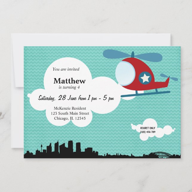 Helicopter Birthday theme (Blue) Invitation (Front)