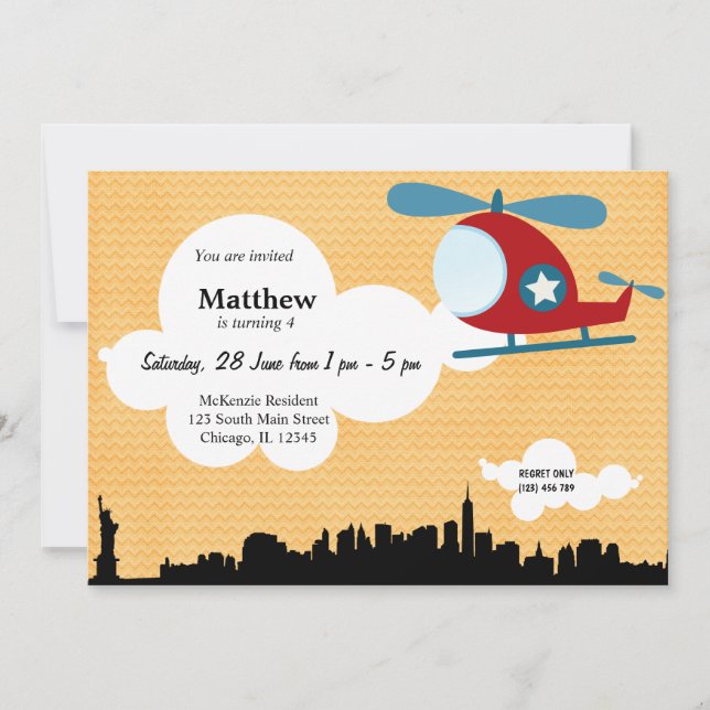 Helicopter Birthday theme (Orange) Invitation (Front)