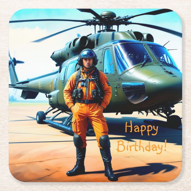 Helicopter Pilot Birthday Square Paper Coaster (Front)