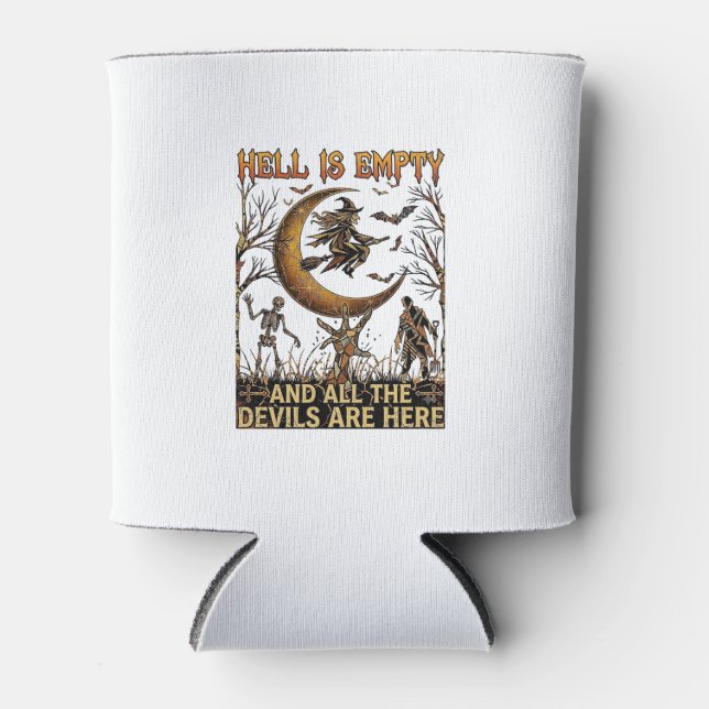 Hell Is Empty Halloween Witch Crescent Moon Skelet Can Cooler (Front)