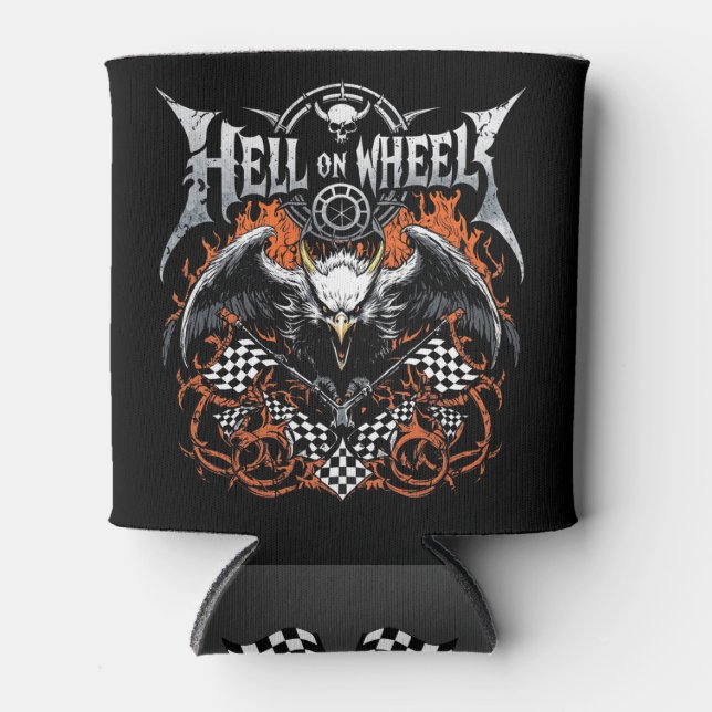 Hell On Wheels Racing Motorsport Chequered Flag  Can Cooler (Front)
