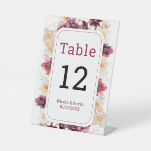 Hellebore Floral Burgundy Wedding Table Number Pedestal Sign