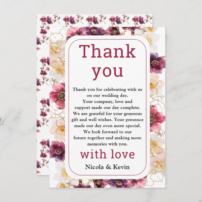 Hellebore Floral Burgundy Wedding Thank You (Front/Back)