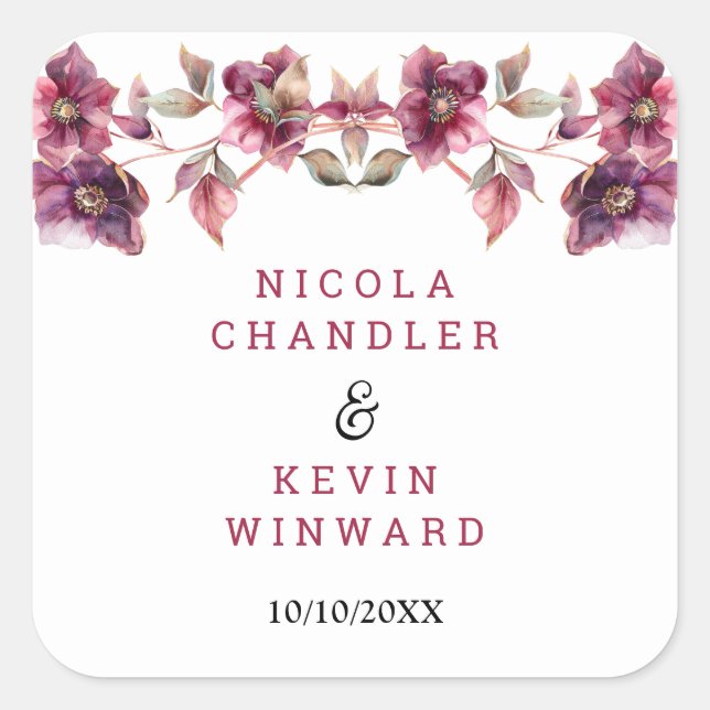 Hellebore Floral Burgundy Wedding Thank You Square Sticker (Front)