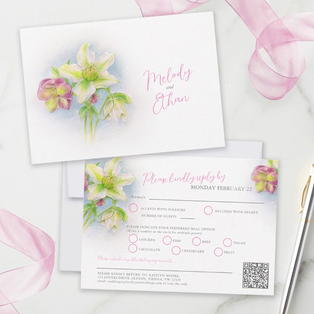 Hellebore watercolor spring wedding QR code meals RSVP Card (Creator Uploaded)