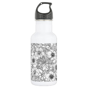 Hellebores in black and white 532 ml water bottle