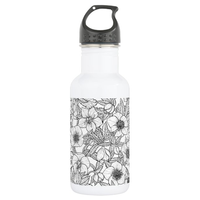 Hellebores in black and white 532 ml water bottle (Front)