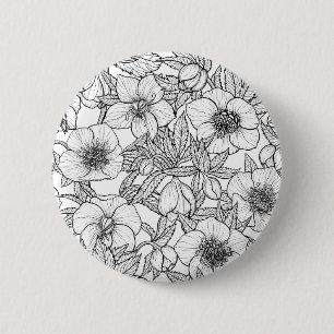 Hellebores in black and white 6 cm round badge