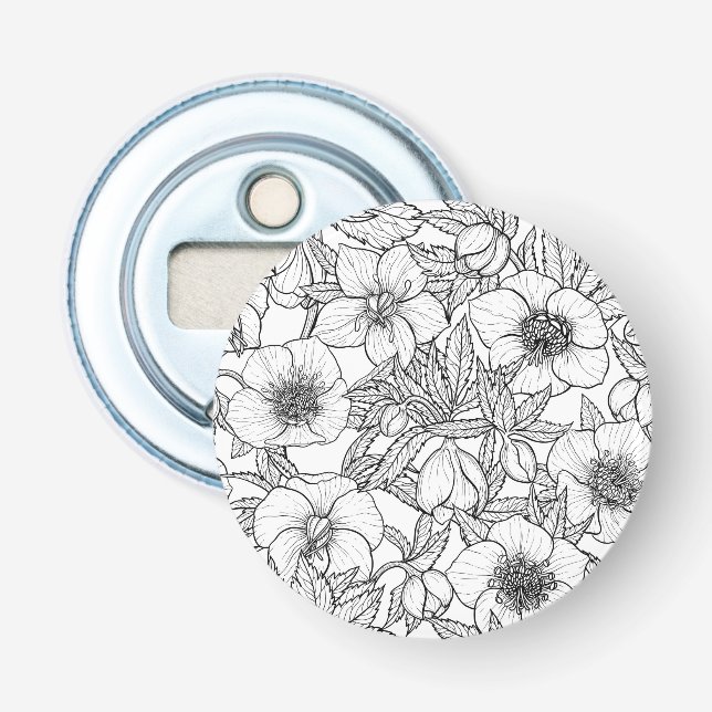 Hellebores in black and white bottle opener (Front)