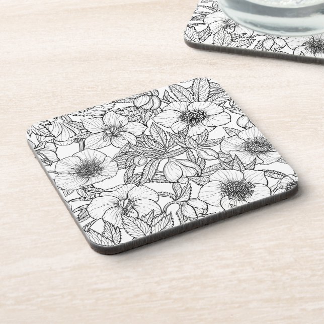 Hellebores in black and white coaster (Left Side)
