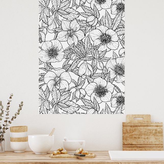 Hellebores in black and white poster (Kitchen)