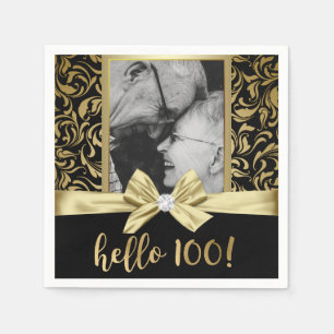 Hello 100 Gold Black Damask 100th Birthday Napkin