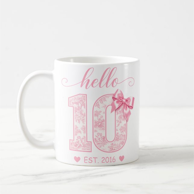Hello 10 Birthday | Pink Hello 10 Custom Year Coffee Mug (Left)