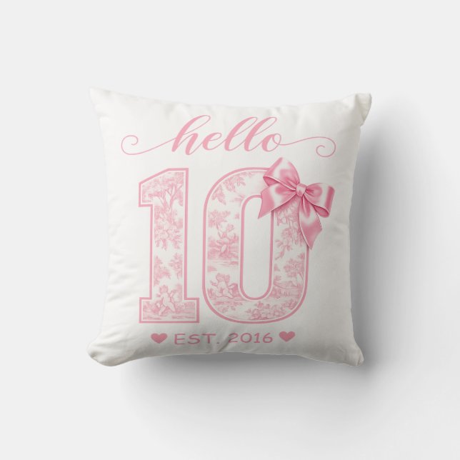Hello 10 Birthday | Pink Hello 10 Custom Year Cushion (Front)