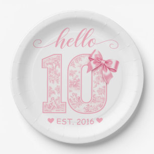 Hello 10 Birthday   Pink Hello 10 Custom Year Paper Plate