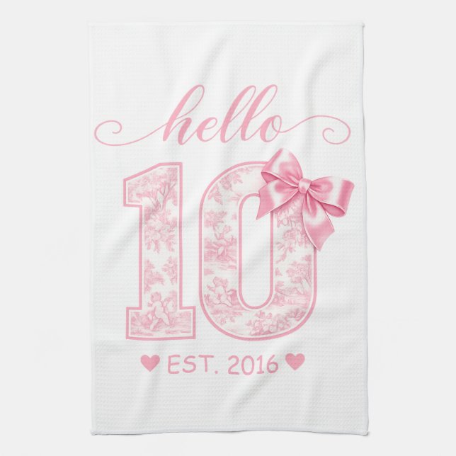 Hello 10 Birthday | Pink Hello 10 Custom Year Tea Towel (Vertical)