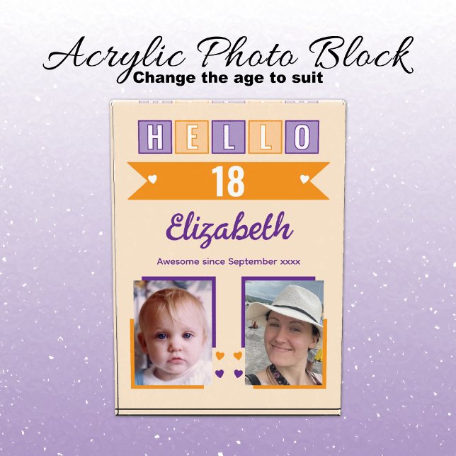 Hello 18 (any age) name est date orange purple photo block (Creator Uploaded)