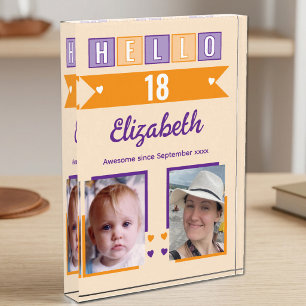 Hello 18 (any age) name est date orange purple photo block