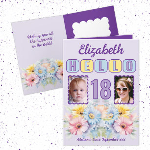 Hello 18 birthday name 2 photo floral purple card