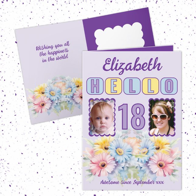 Hello 18 birthday name 2 photo floral purple card (Creator Uploaded)