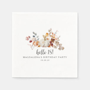 Hello 18 Fall Pumpkin Leaves Custom Birthday Napkin