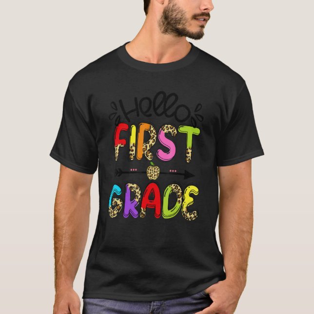 Hello 1st Grade Leopard Apple First Grade Teacher  T-Shirt (Front)