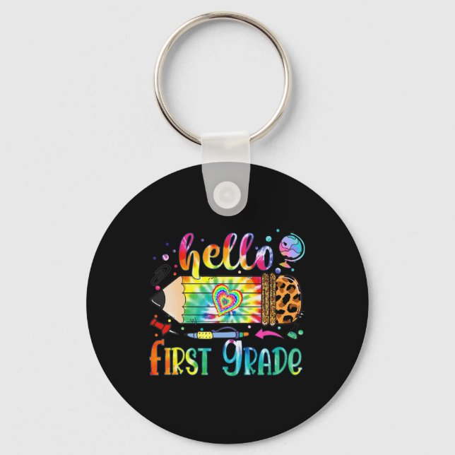 Hello 1st Grade Leopard Pencil Tie Dye Fun Back To Key Ring (Front)