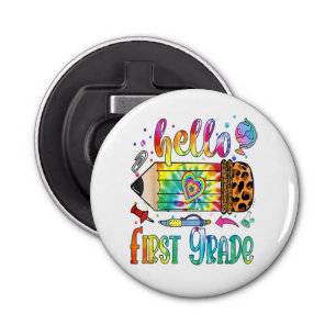 Hello 1st Grade Leopard Pencil Tie Dye Funny Back Bottle Opener