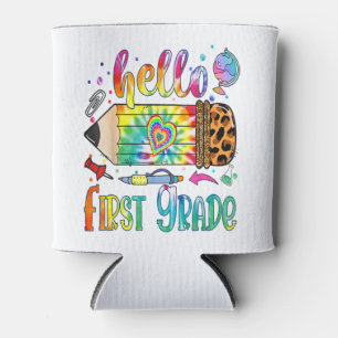 Hello 1st Grade Leopard Pencil Tie Dye Funny Back  Can Cooler