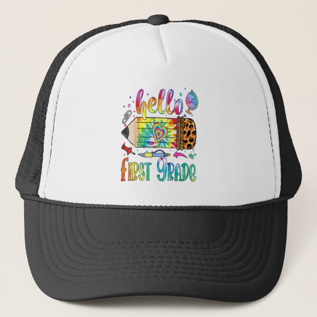 Hello 1st Grade Leopard Pencil Tie Dye Funny Back  Trucker Hat (Front)