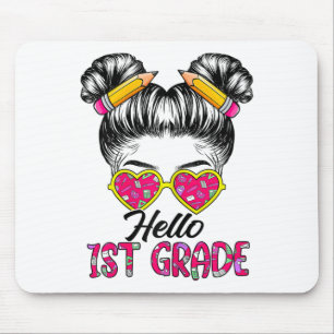 Hello 1st Grade Messy Bun Girls Ck To School Tie D Mouse Pad