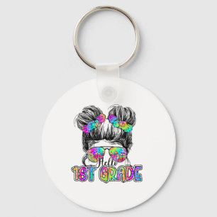 Hello 1st Grade Messy Hair Bun Girl Ck To School F Key Ring