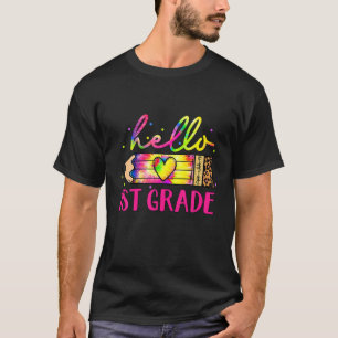Hello 1St Grade Tie Dye Leopard Pencil Back To Sch T-Shirt