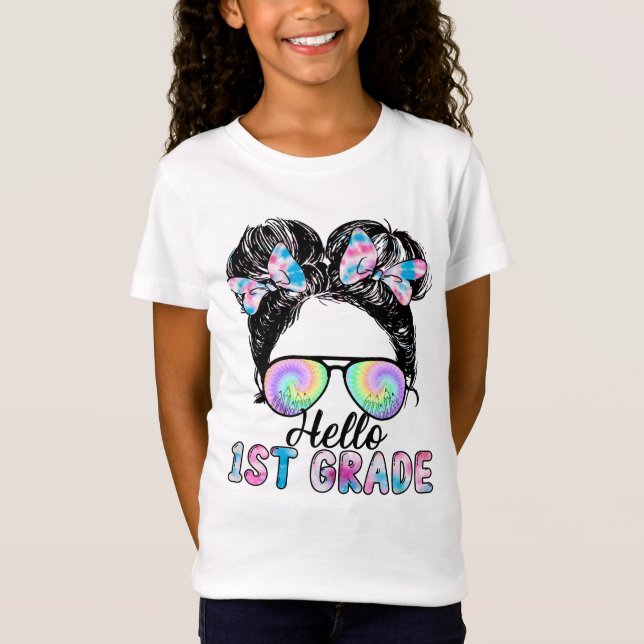 Hello 1th Grade Messy Hair Back To School T-Shirt (Front)
