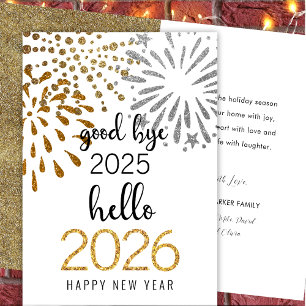 Hello 2024 Gold Glitter Festive Fireworks New Year Holiday Card