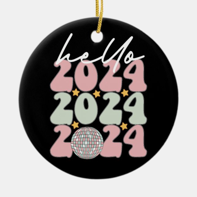 Hello 2024 Groovy Happy New Year Christmas Ceramic Tree Decoration (Front)