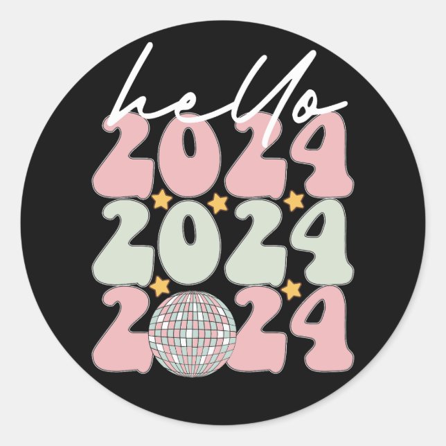 Hello 2024 Groovy Happy New Year Christmas Classic Round Sticker (Front)