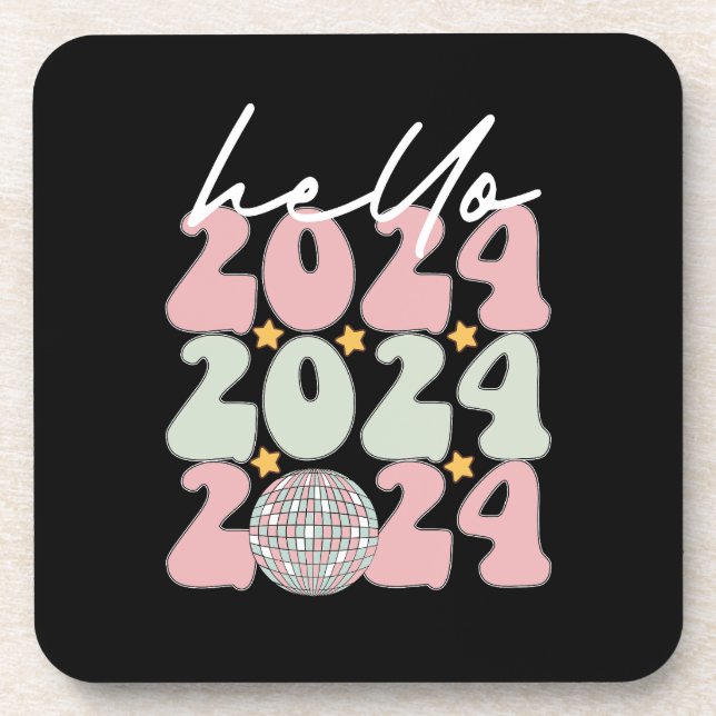 Hello 2024 Groovy Happy New Year Christmas Coaster (Front)