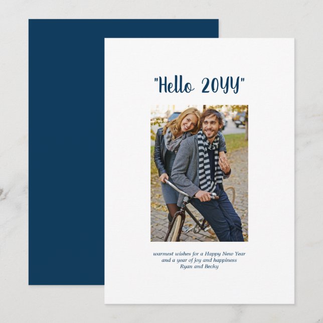 Hello 2024 Happy New Year Minimalist Photo Blue Holiday Card (Front/Back)