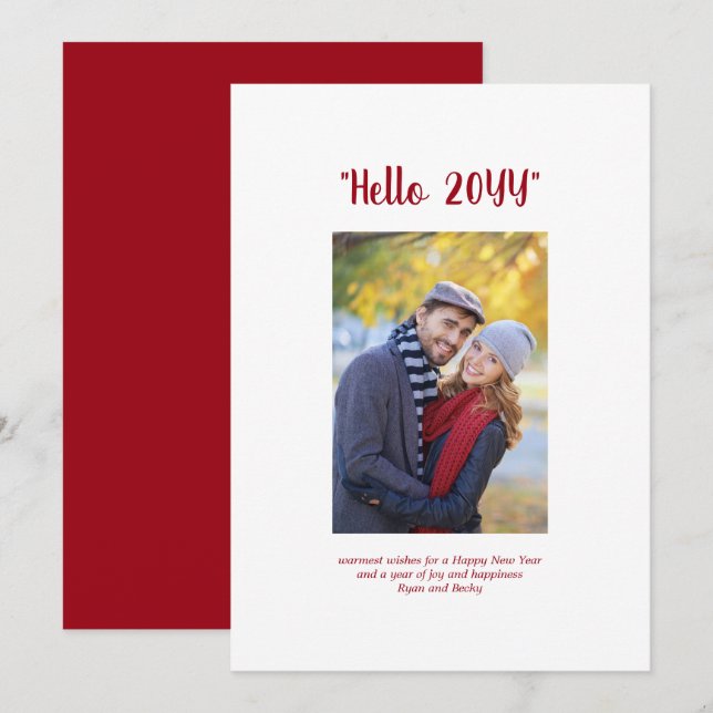 Hello 2024 Happy New Year Minimalist Photo Red Holiday Card (Front/Back)