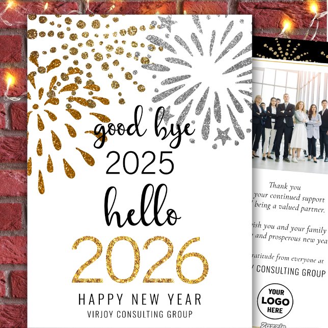 Hello 2025 Business Gold Glitter Festive Fireworks Holiday Card (Creator Uploaded)