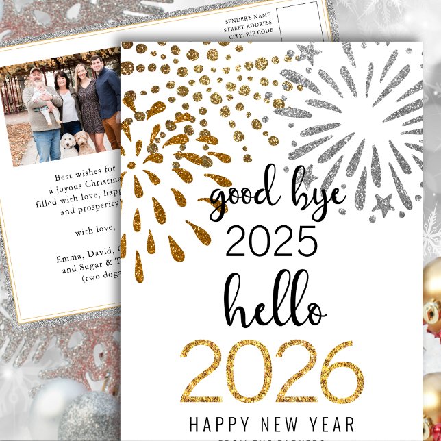 Hello 2025 Festive Fireworks New Year Gold Photo Holiday Postcard (Creator Uploaded)