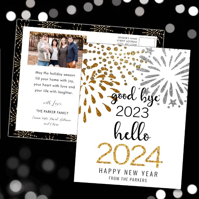 Hello 2025 Festive Fireworks New Year Gold Photo Holiday Postcard (Creator Uploaded)
