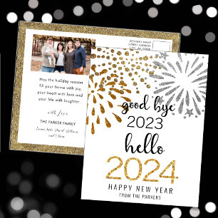 Hello 2025 Festive Fireworks New Year Gold Photo Holiday Postcard