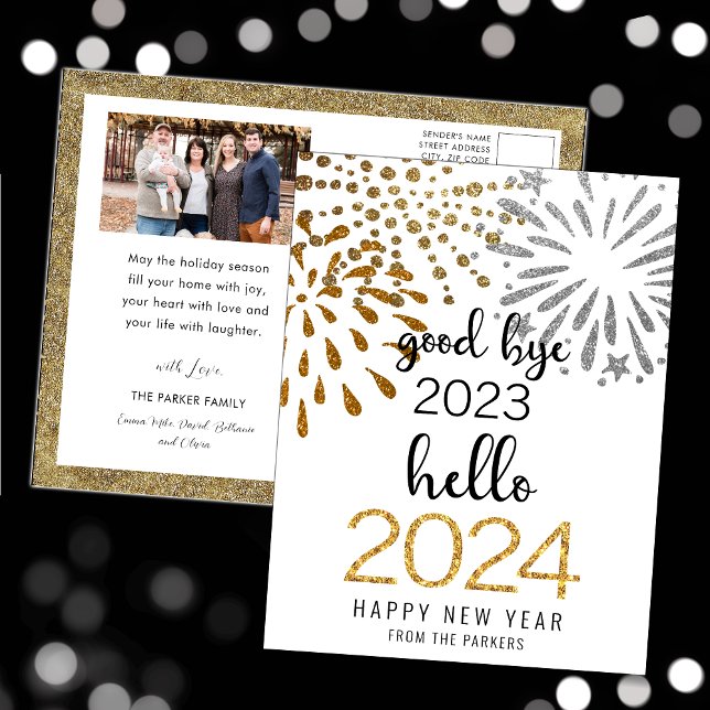 Hello 2025 Festive Fireworks New Year Gold Photo Holiday Postcard (Creator Uploaded)