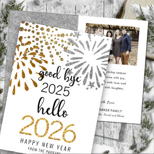 Hello 2025 Gold Glitter Festive Fireworks New Year Holiday Card