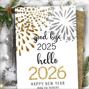 Hello 2025 Gold Glitter Festive Fireworks New Year Holiday Card