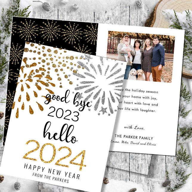 Hello 2025 Gold Glitter Festive Fireworks New Year Holiday Card (Creator Uploaded)