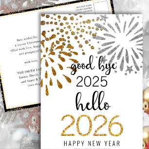 Hello 2025 Gold Glitter Festive Fireworks New Year Holiday Postcard